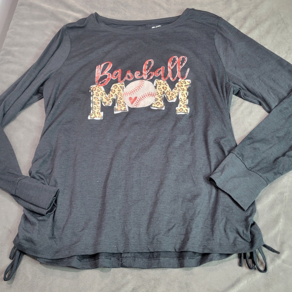 Avia Womens XL Baseball Mom Graphic Long Sleeve Tee Gray Ruched Thumbhole‎